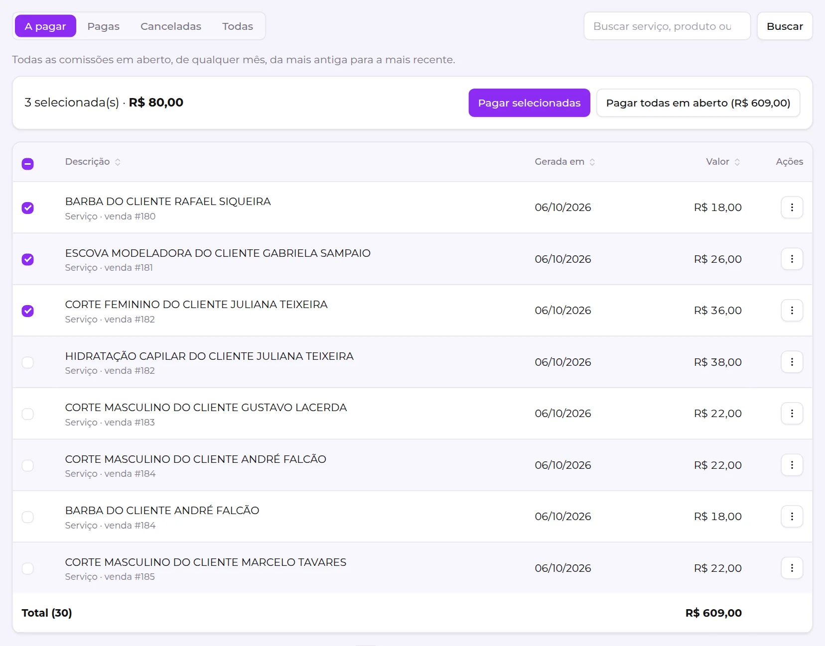Aba A pagar com três comissões marcadas e a barra mostrando o total selecionado