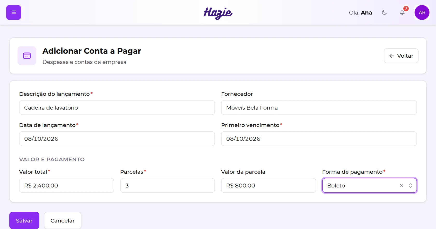 Formulário Adicionar Conta a Pagar, com uma compra parcelada em três vezes