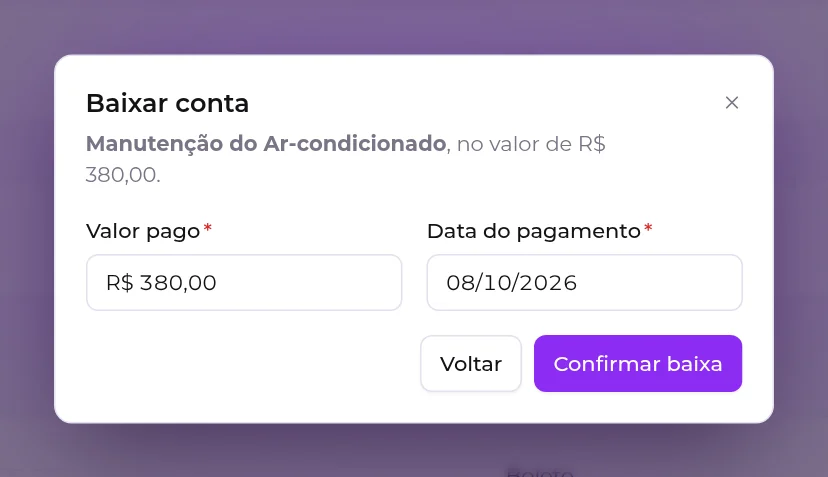Janela Baixar conta, com o valor pago e a data do pagamento