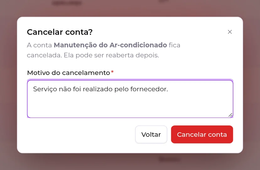 Janela Cancelar conta, com o motivo do cancelamento preenchido