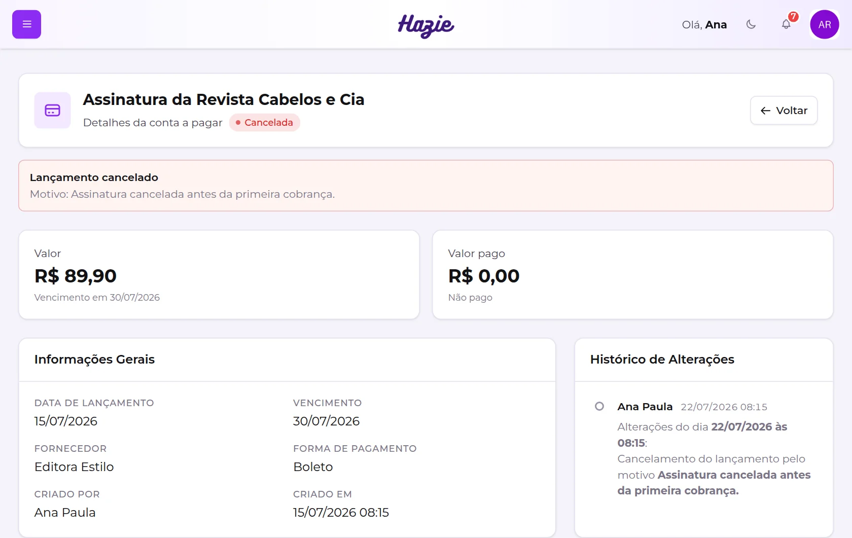 Detalhe de uma conta cancelada, com o motivo em destaque
