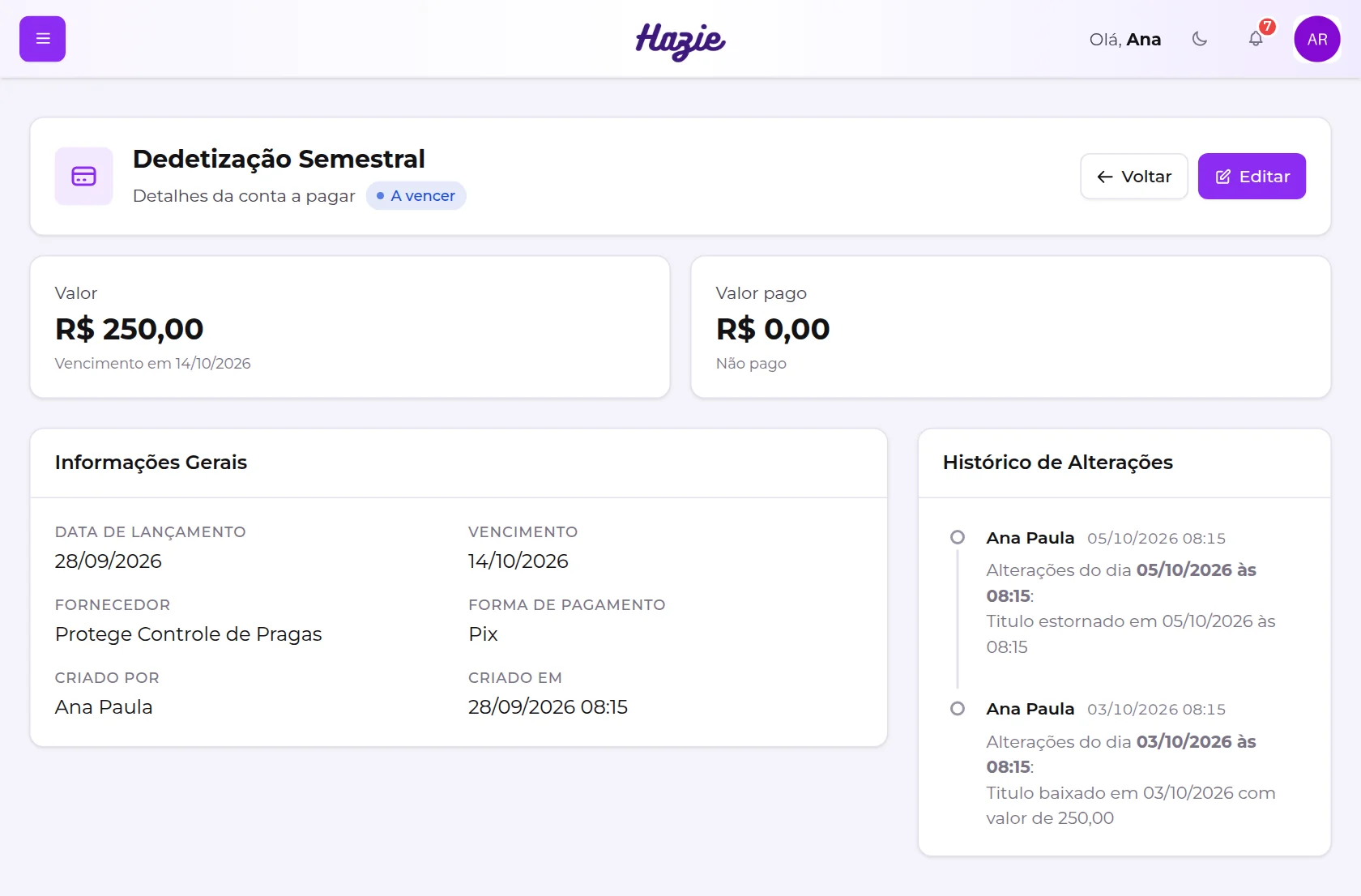 Histórico de uma conta que teve baixa e depois estorno do pagamento