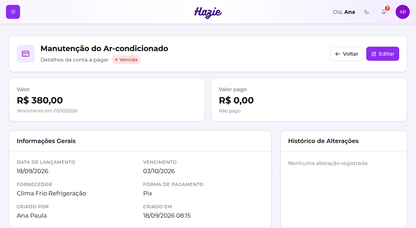 Detalhe de uma conta vencida, com valor, informações gerais e histórico de alterações
