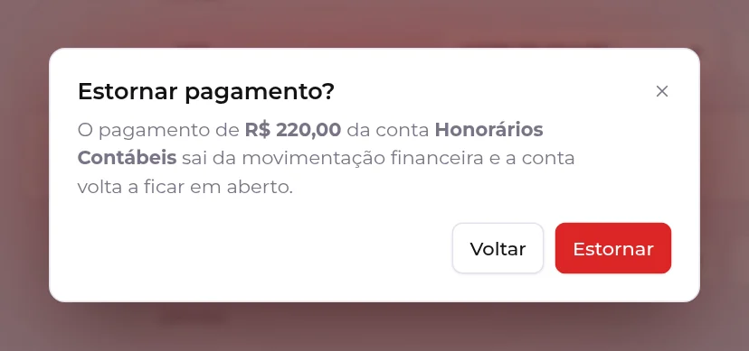 Confirmação Estornar pagamento, avisando que a saída sai da movimentação e a conta volta a ficar em aberto
