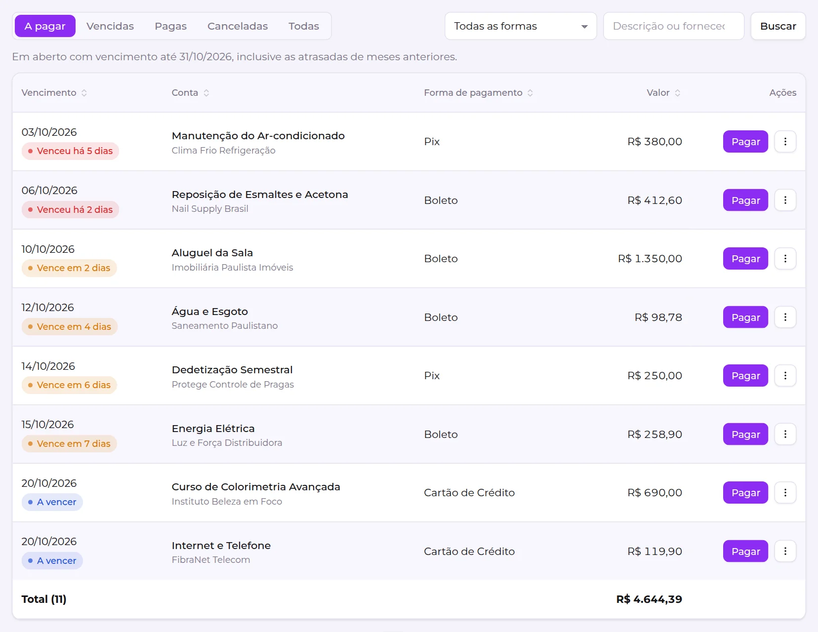 Lista de contas a pagar, com as abas de situação, os filtros e o botão Pagar em cada linha