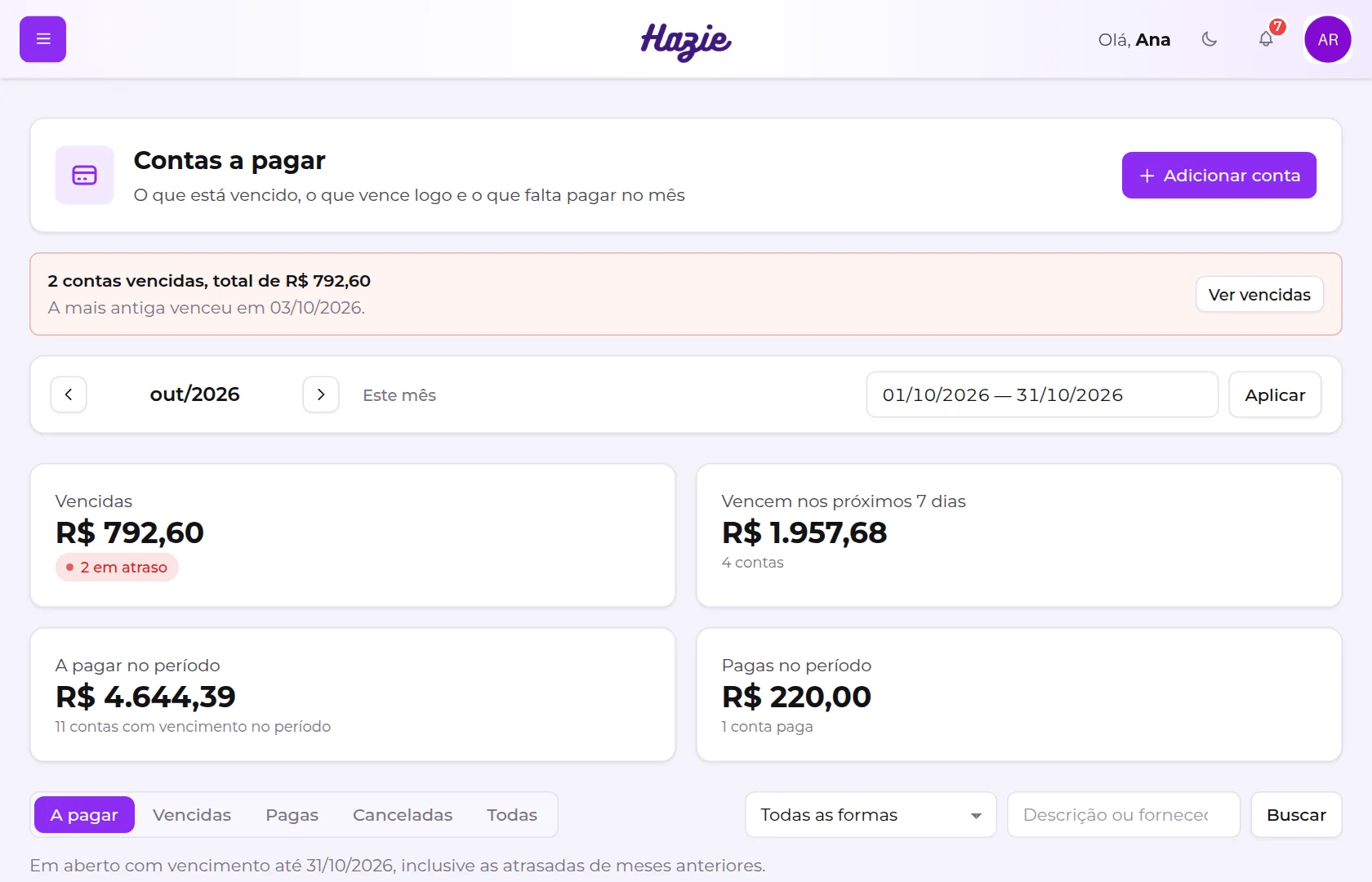 Tela Contas a pagar, com o aviso de contas vencidas, o período e os indicadores