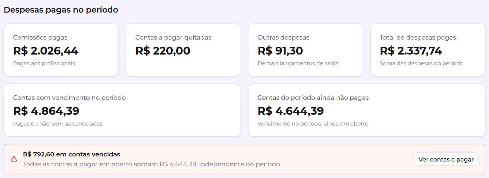 Bloco Despesas pagas no período, com as contas a pagar e o aviso de contas vencidas