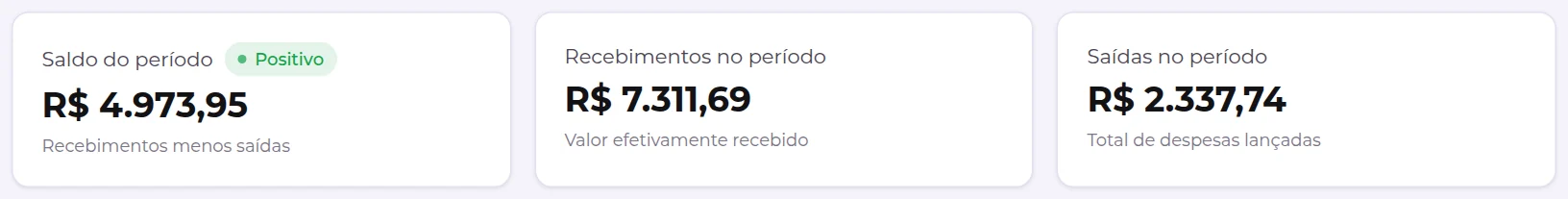 Cartões Saldo do período, Recebimentos no período e Saídas no período