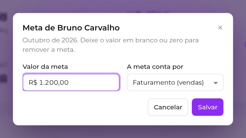 Janela Meta de um colaborador, com o valor da meta e a opção A meta conta por