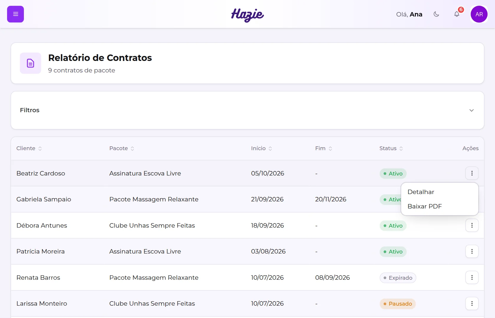 Relatório de Contratos com o menu de ações aberto, mostrando Detalhar e Baixar PDF