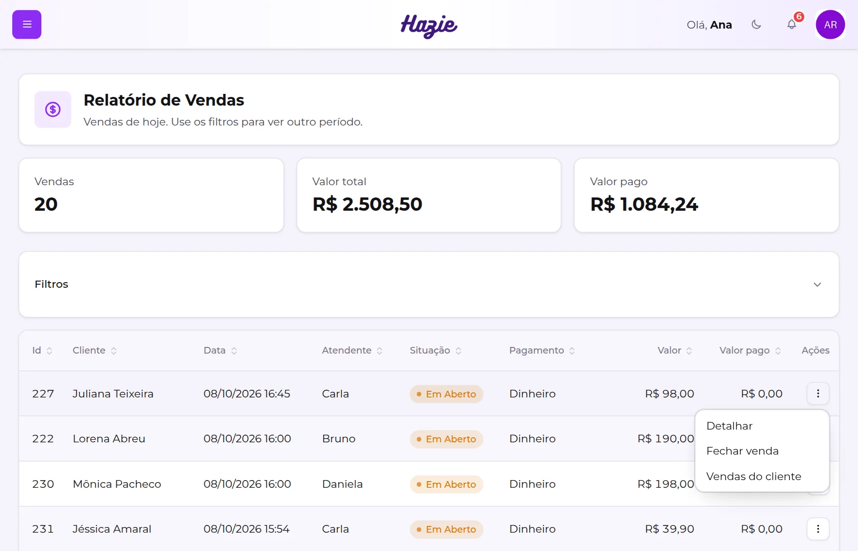 Menu de ações de uma venda no relatório, com Detalhar, Fechar venda e Vendas do cliente