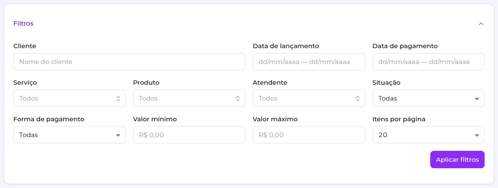 Painel de filtros do Relatório de Vendas