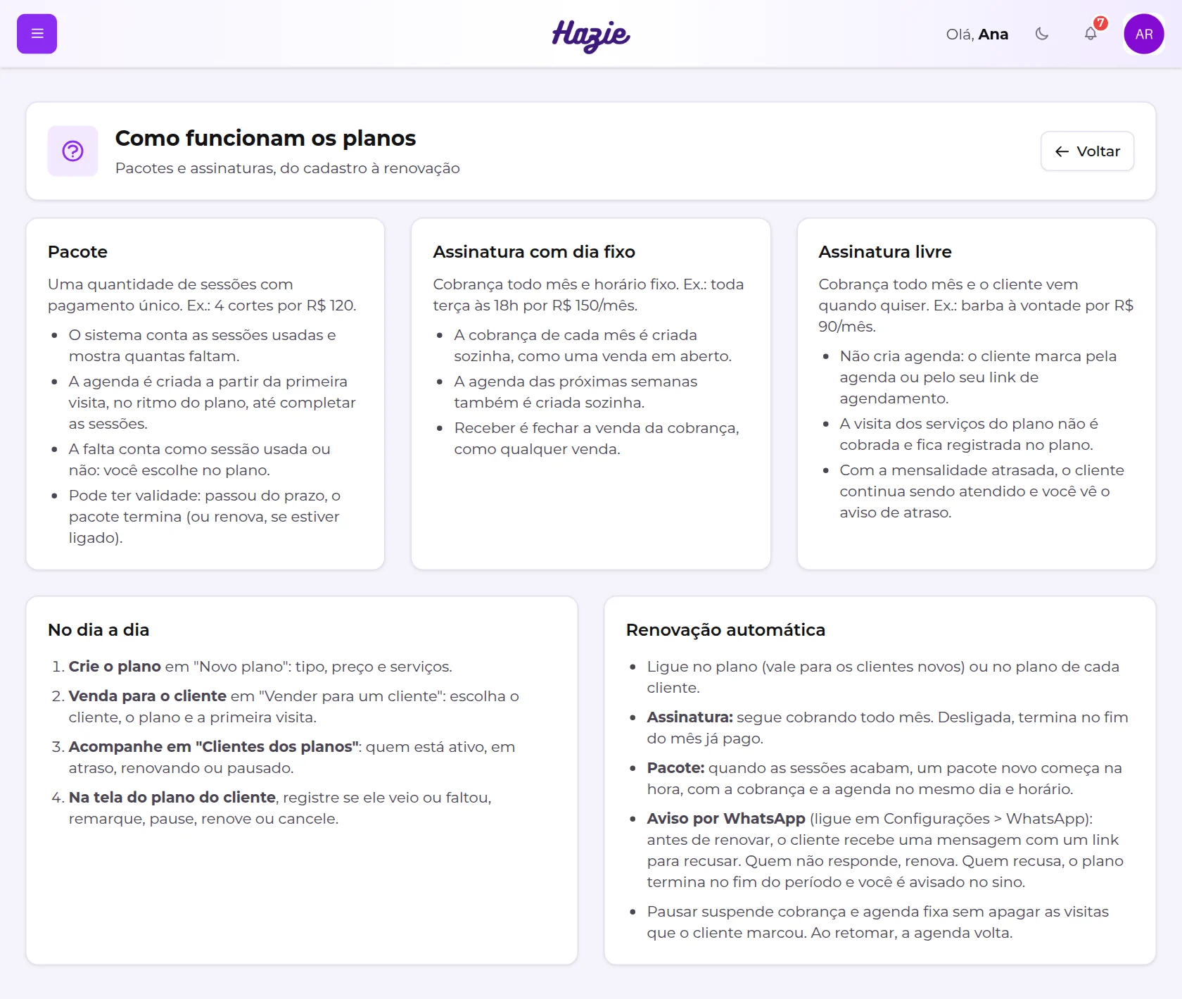 Tela "Como funcionam os planos", com o resumo dos três tipos e da renovação automática