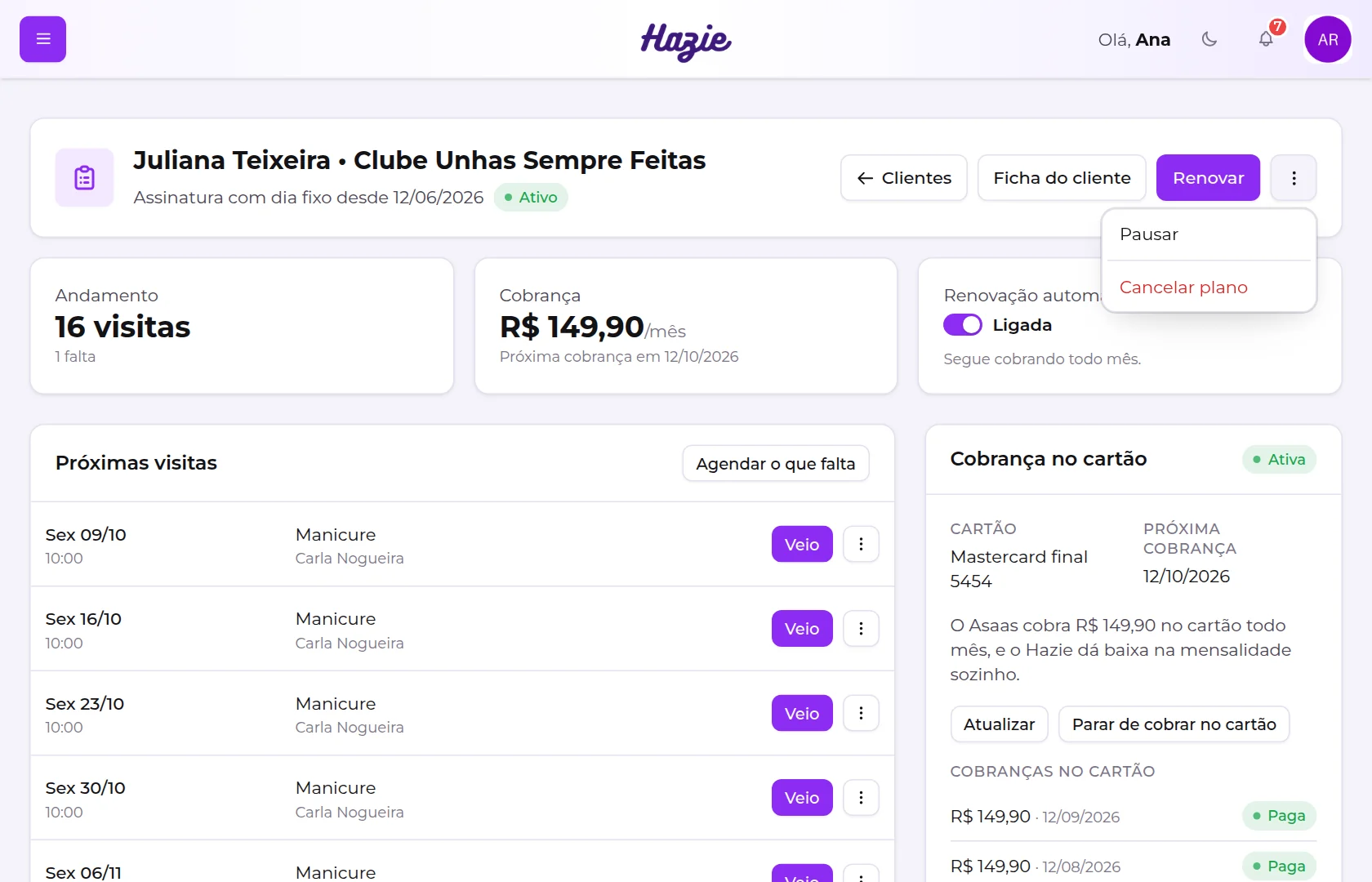 Menu de ações do plano do cliente, com Pausar e Cancelar plano