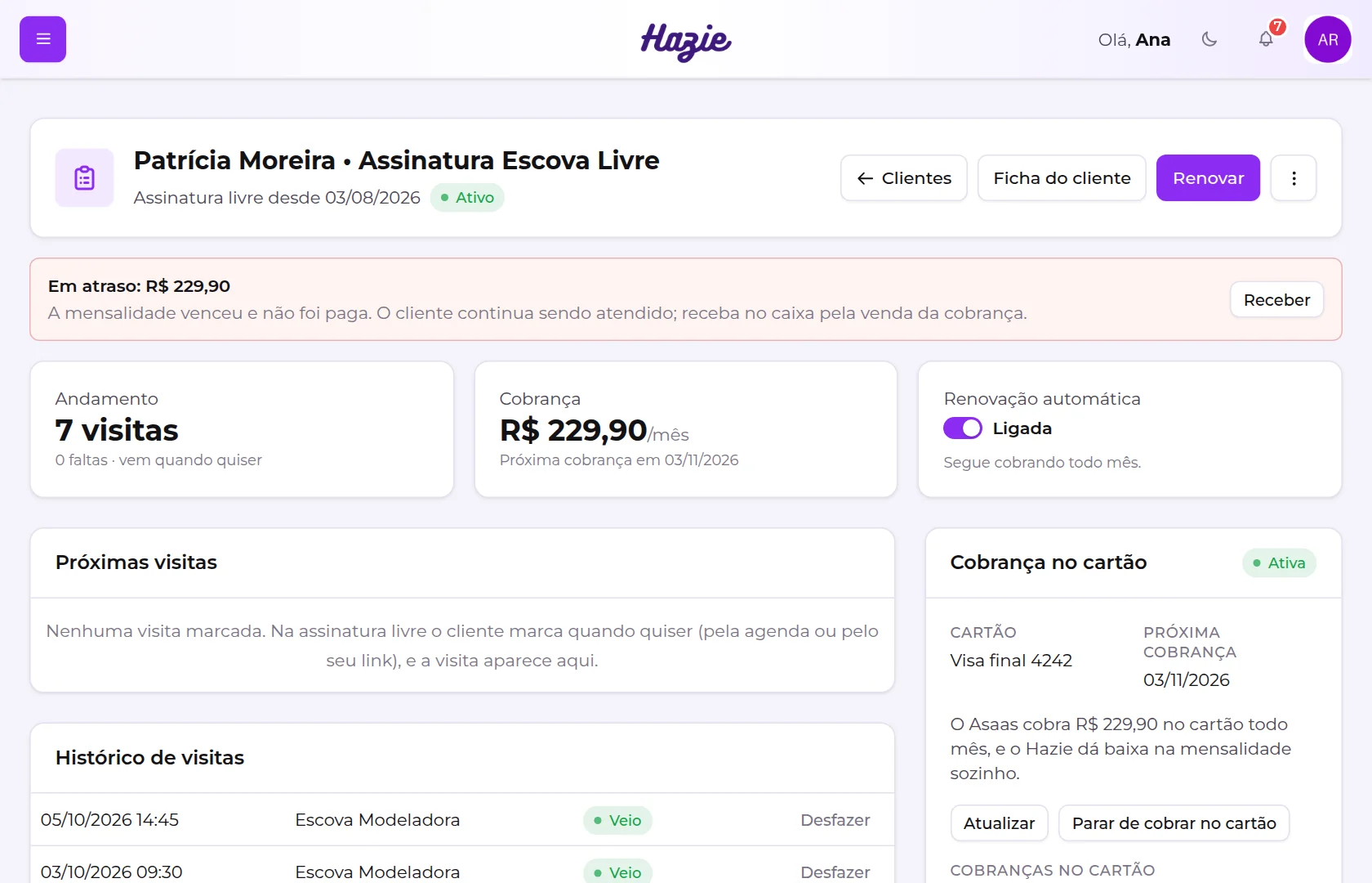 Aviso de mensalidade em atraso no alto da tela do plano, com o botão Receber