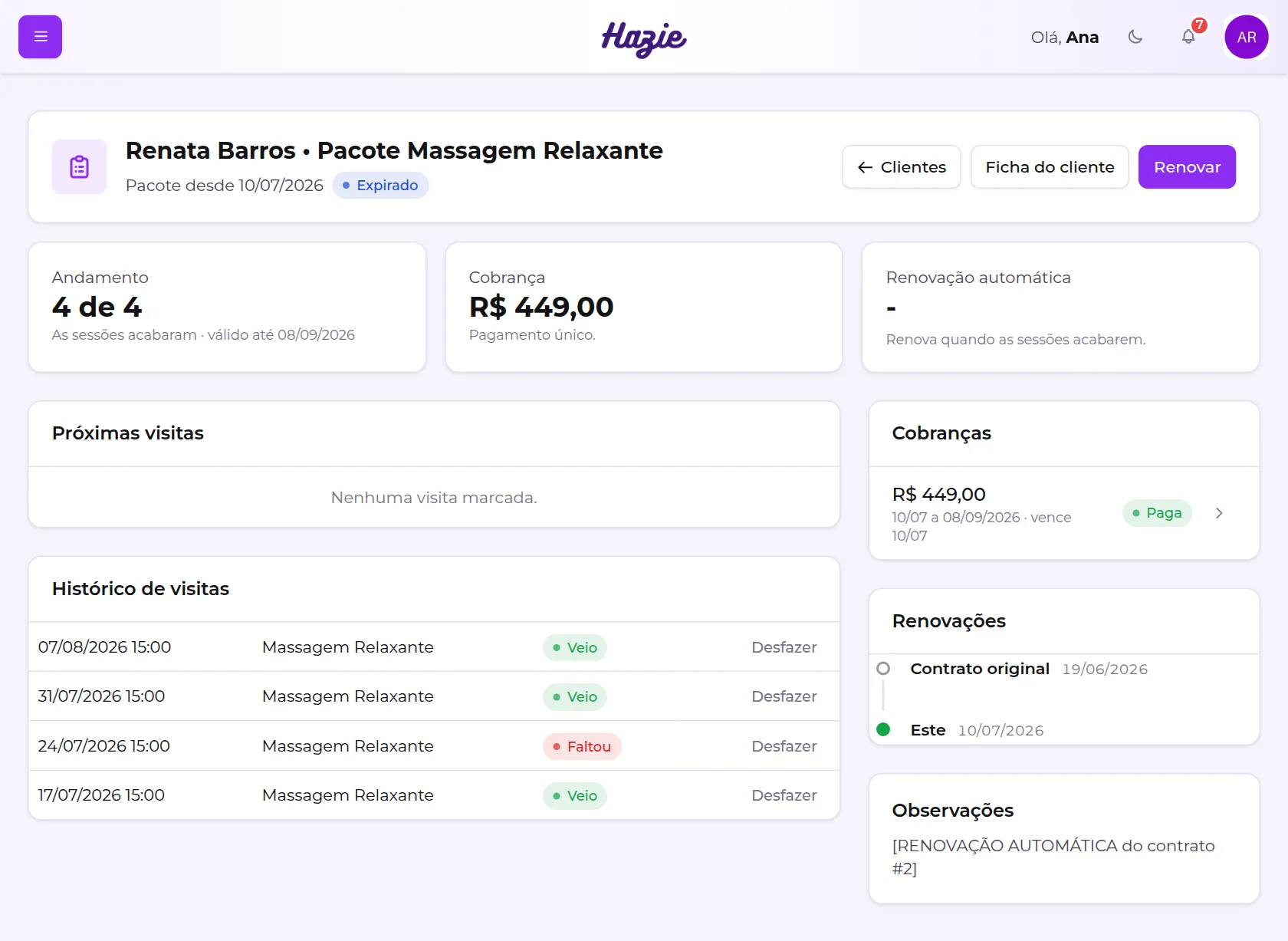 Plano expirado: sem próximas visitas, com o histórico e a linha do tempo de renovações