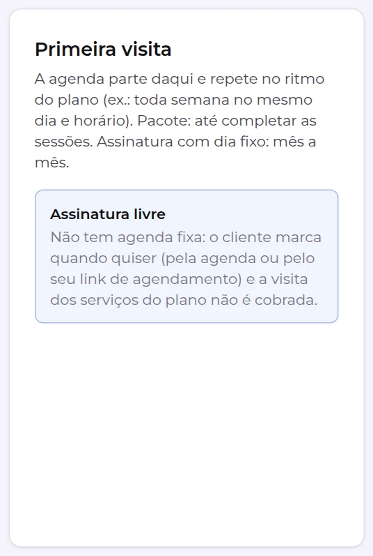 Quadro Primeira visita ao vender uma assinatura livre: sem agenda fixa