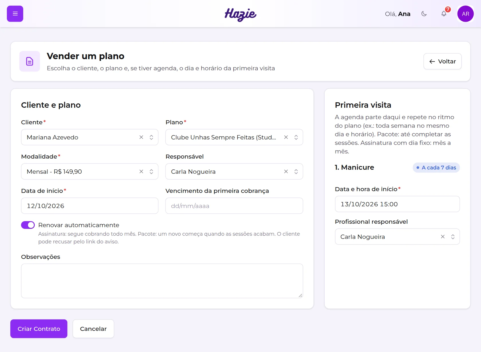 Tela Vender um plano preenchida: cliente, plano, modalidade, responsável, data de início e primeira visita