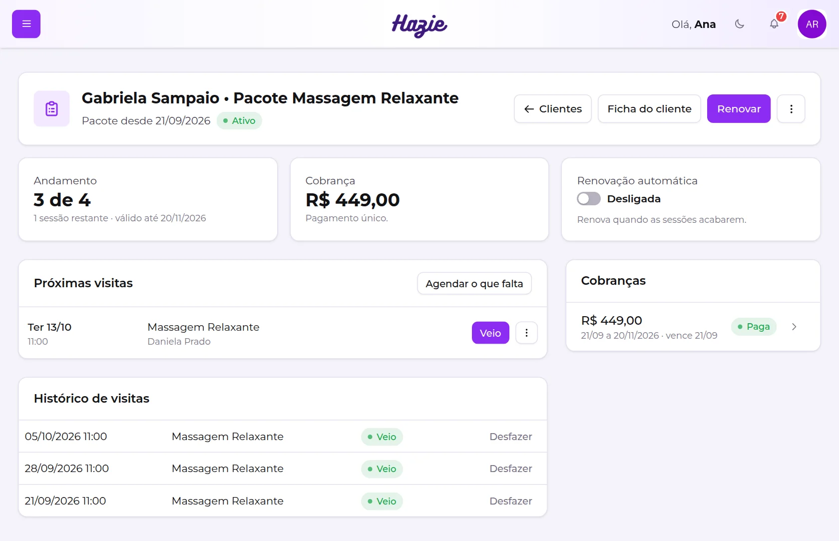 Tela do plano de uma cliente com pacote: 3 de 4 sessões usadas e uma visita marcada