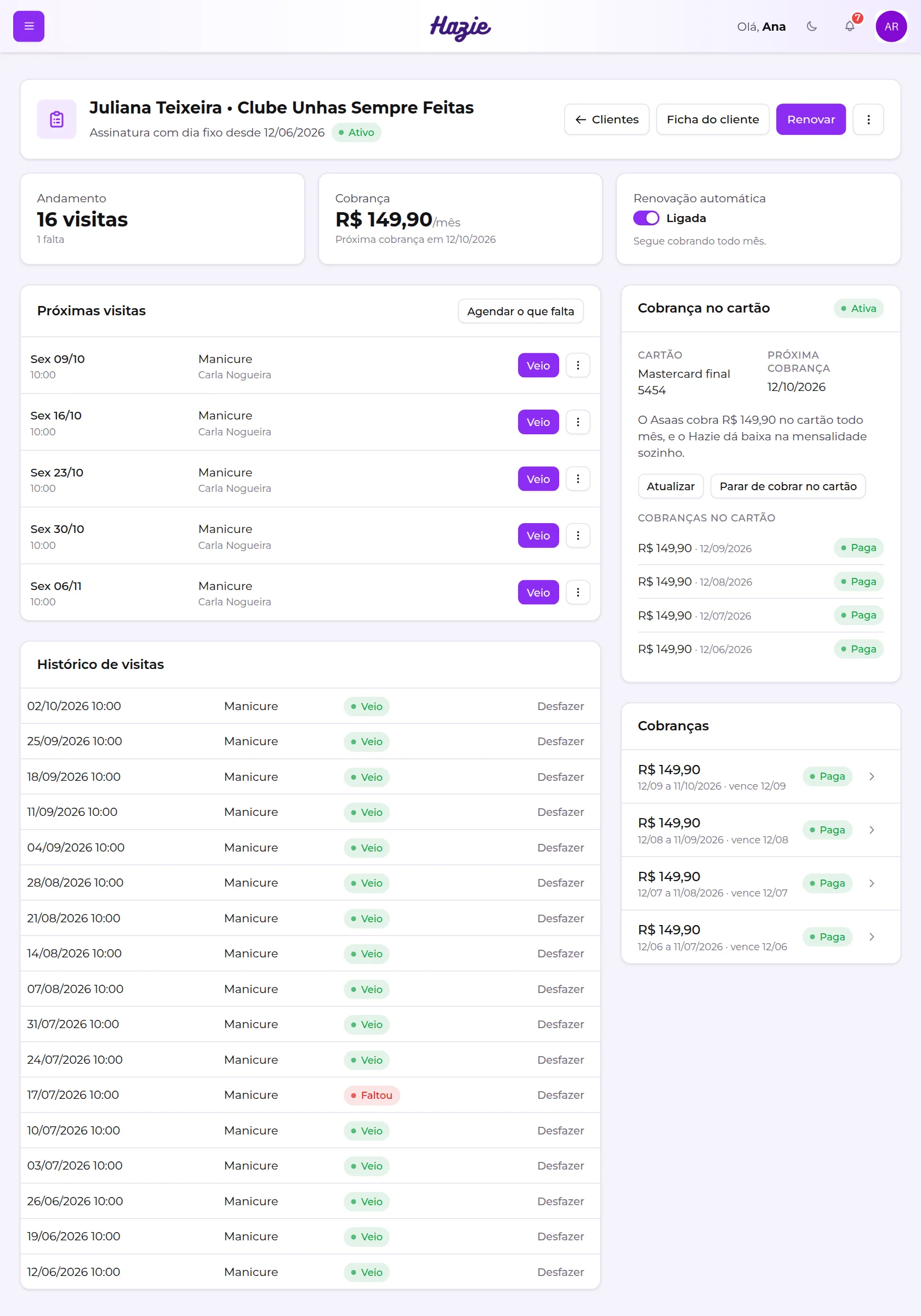 Tela do plano de uma cliente com assinatura: resumo, próximas visitas, histórico e cobranças