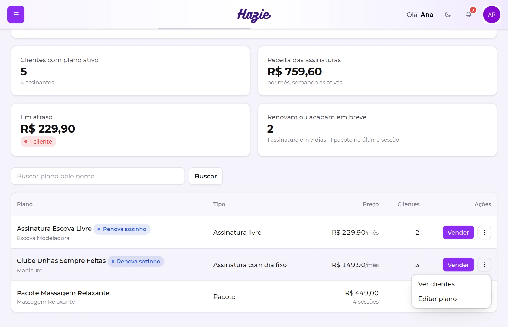 Menu de ações de um plano, com as opções Ver clientes e Editar plano