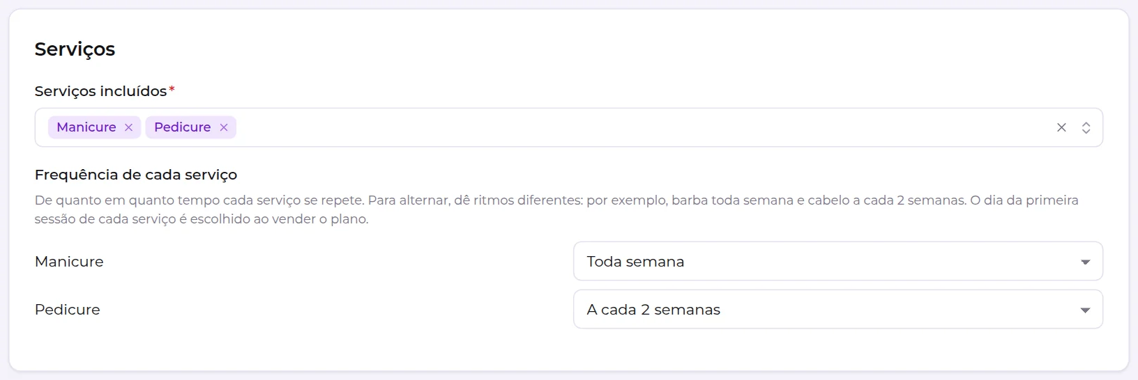 Seção Serviços do cadastro, com Manicure toda semana e Pedicure a cada 2 semanas