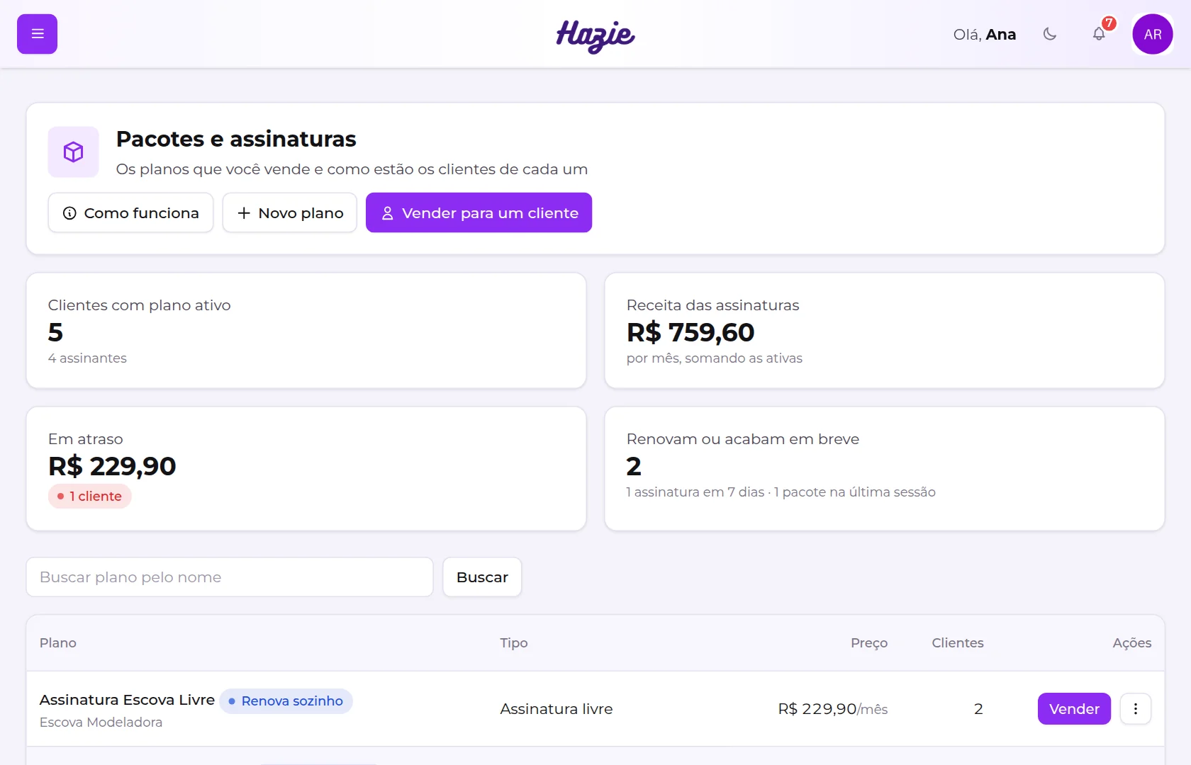 Tela Pacotes e assinaturas, com os indicadores no alto e a lista de planos