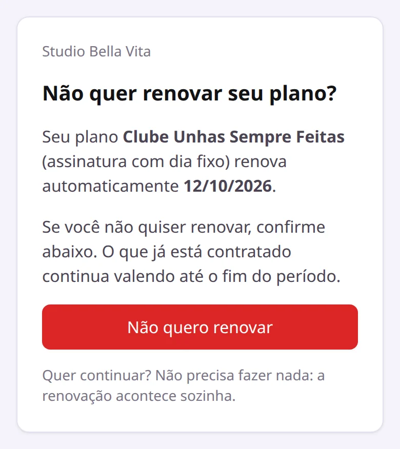 Página que o cliente vê ao abrir o link do aviso de renovação