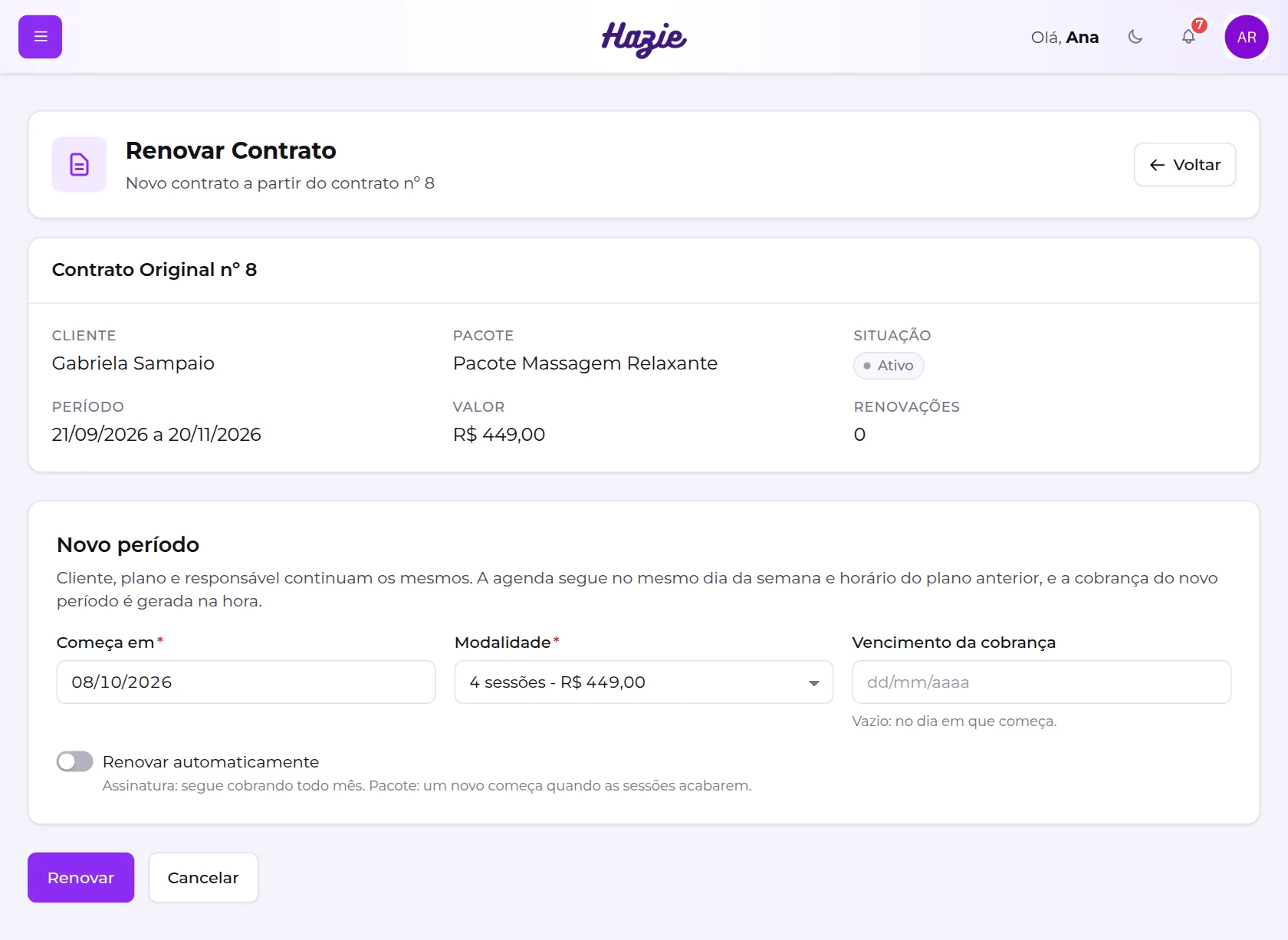Tela Renovar Contrato, com os dados do contrato original e os campos do novo período