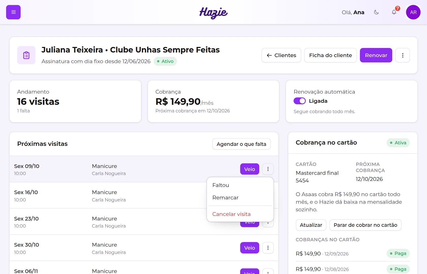 Menu de ações de uma visita: Faltou, Remarcar e Cancelar visita