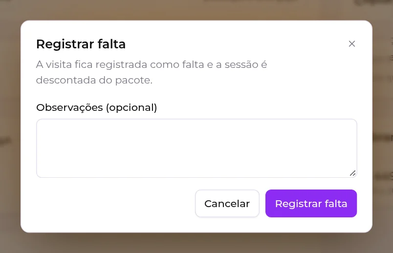 Janela Registrar falta de um pacote em que a falta desconta a sessão