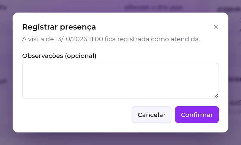 Janela Registrar presença, com o campo de observações