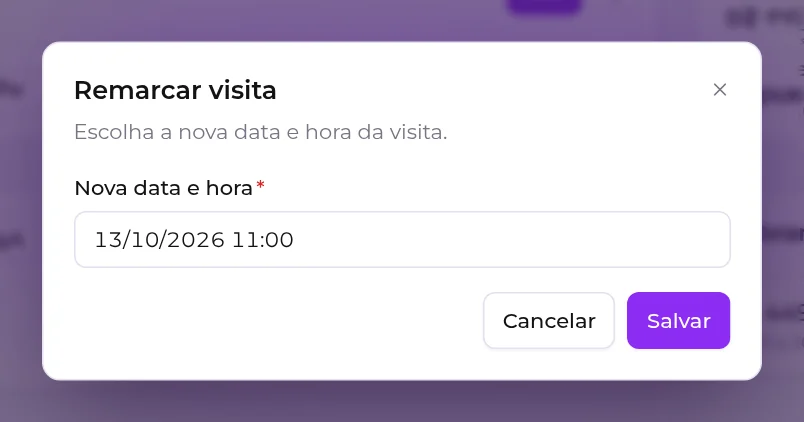 Janela Remarcar visita, com a nova data e hora