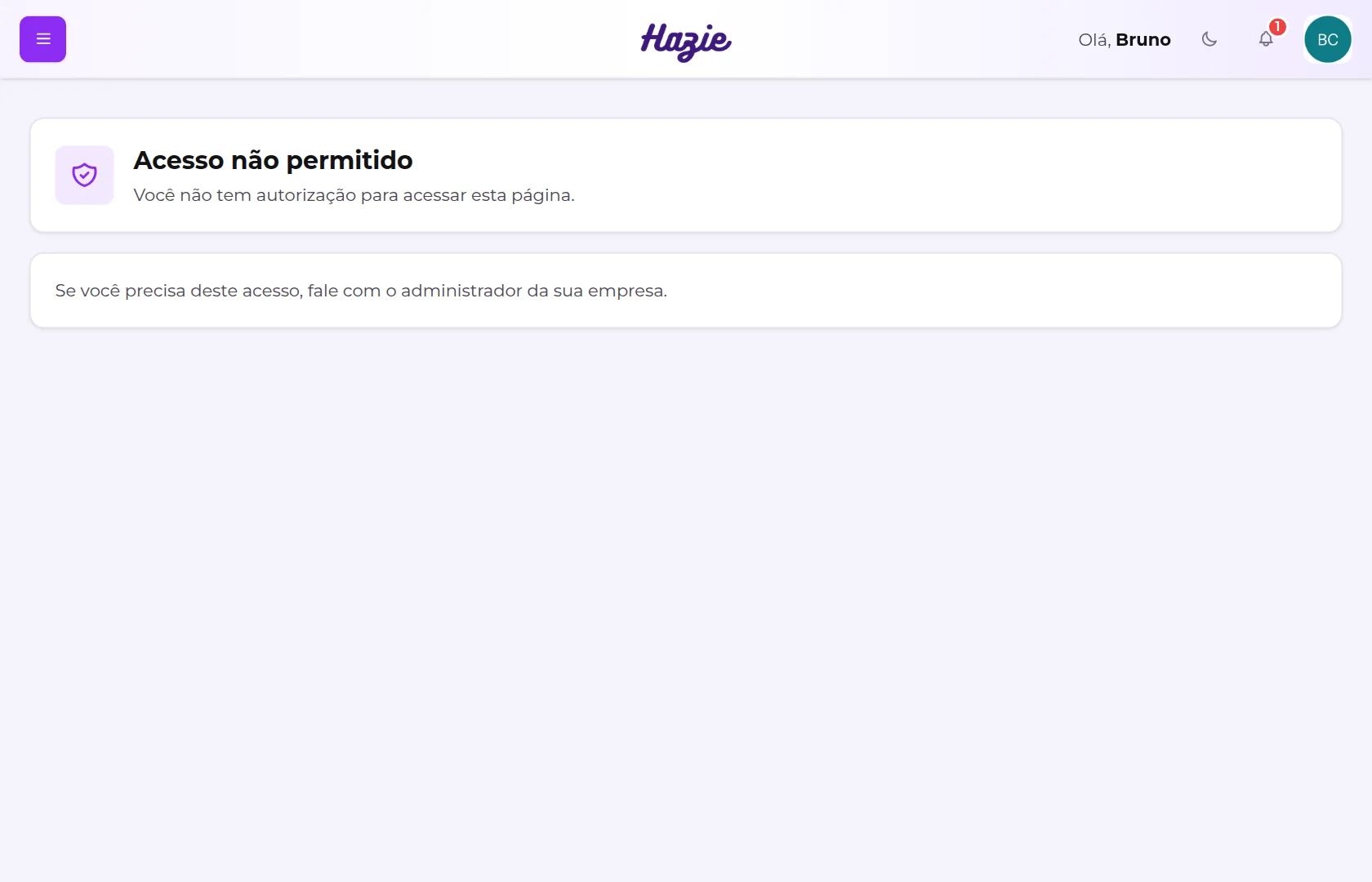 Aviso de acesso não permitido, mostrado a quem abre uma tela fora do seu perfil