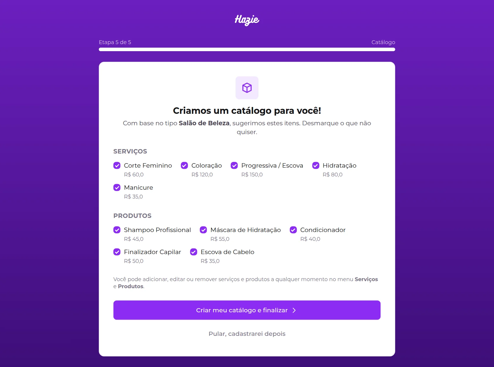 Etapa Catálogo do assistente, com serviços e produtos sugeridos já marcados