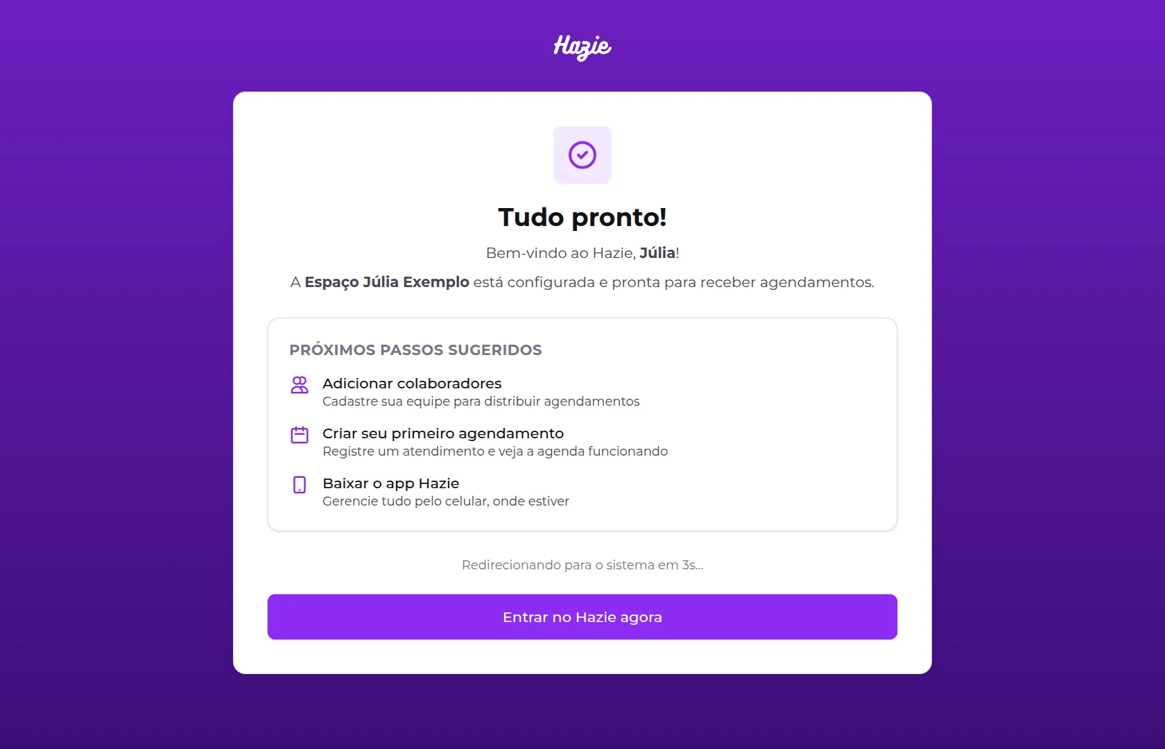 Tela Tudo pronto, com os próximos passos sugeridos