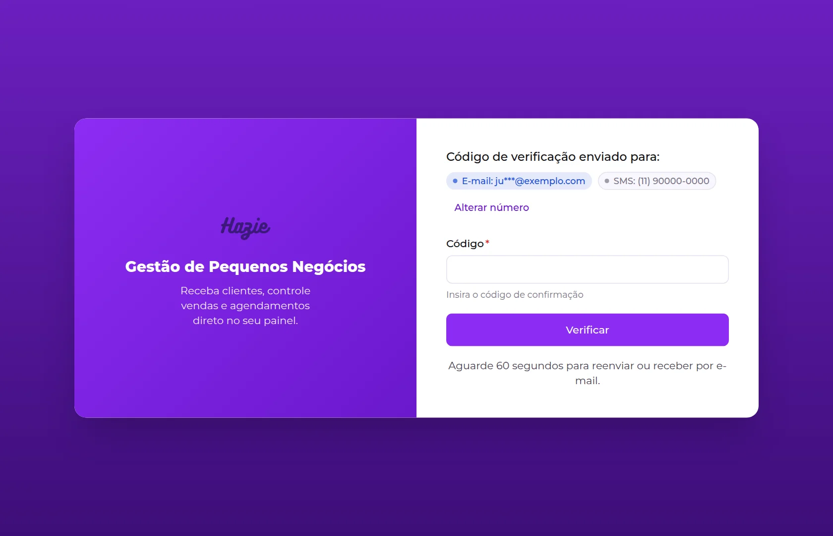 Tela do código de verificação no cadastro, com o e-mail e o telefone para onde o código foi enviado
