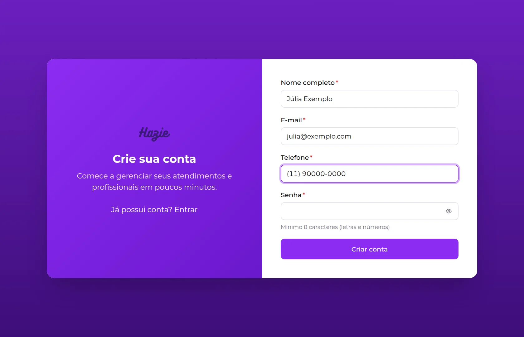 Formulário Crie sua conta, com nome completo, e-mail, telefone e senha