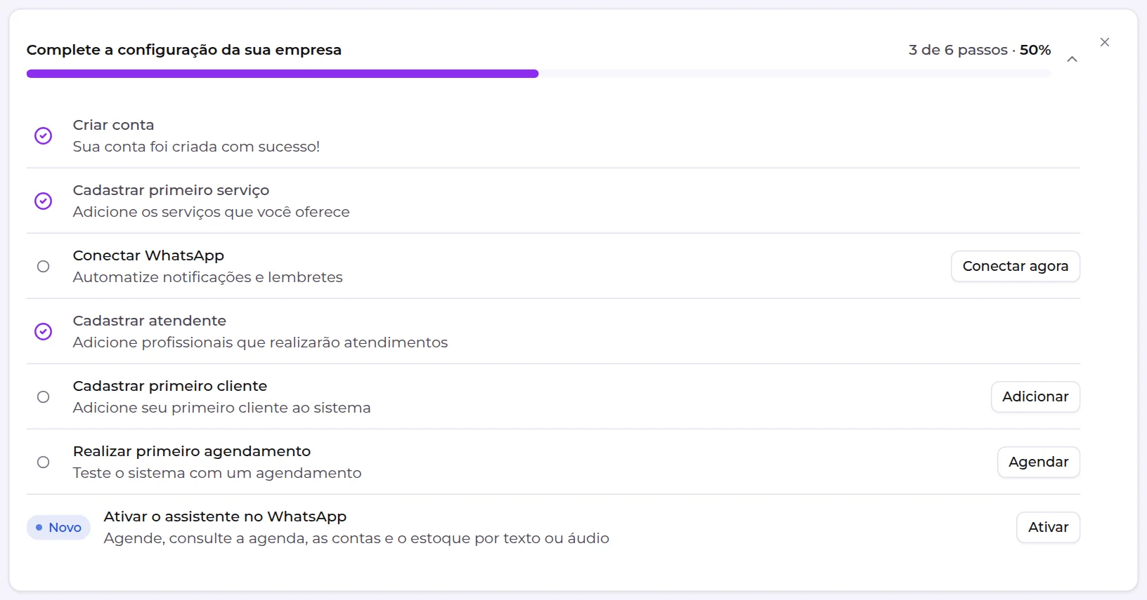Quadro Complete a configuração da sua empresa, com seis passos e o progresso