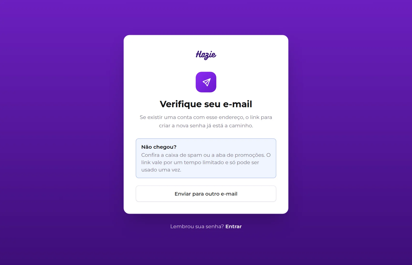 Tela Verifique seu e-mail, com as orientações para quando a mensagem não chega