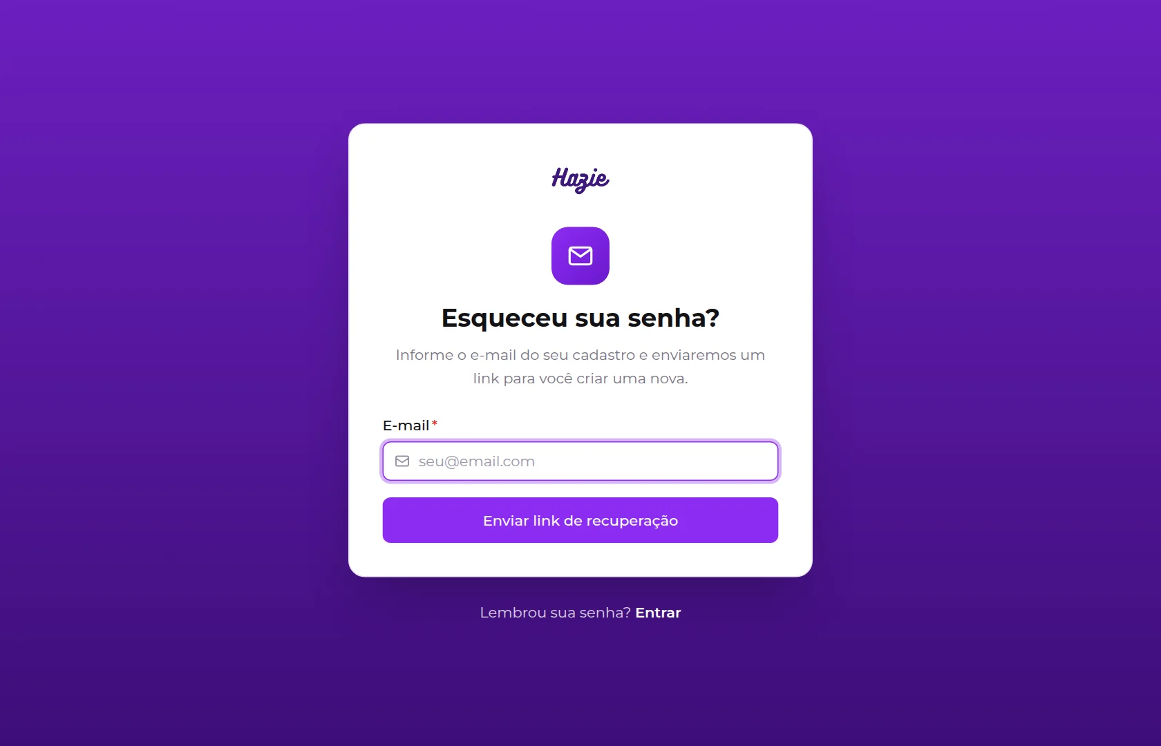 Tela Esqueceu sua senha, com o campo de e-mail