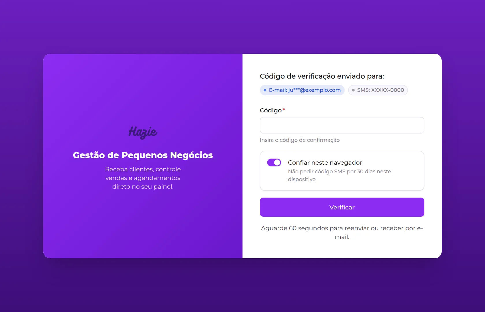Tela do código de verificação, com a opção Confiar neste navegador