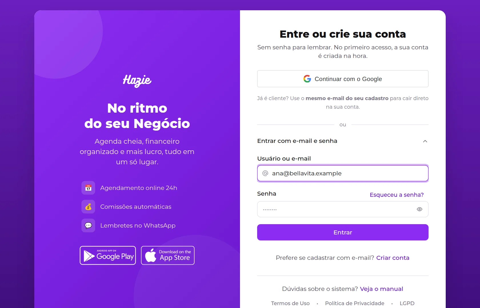 Campos de e-mail e senha abertos na tela de entrada