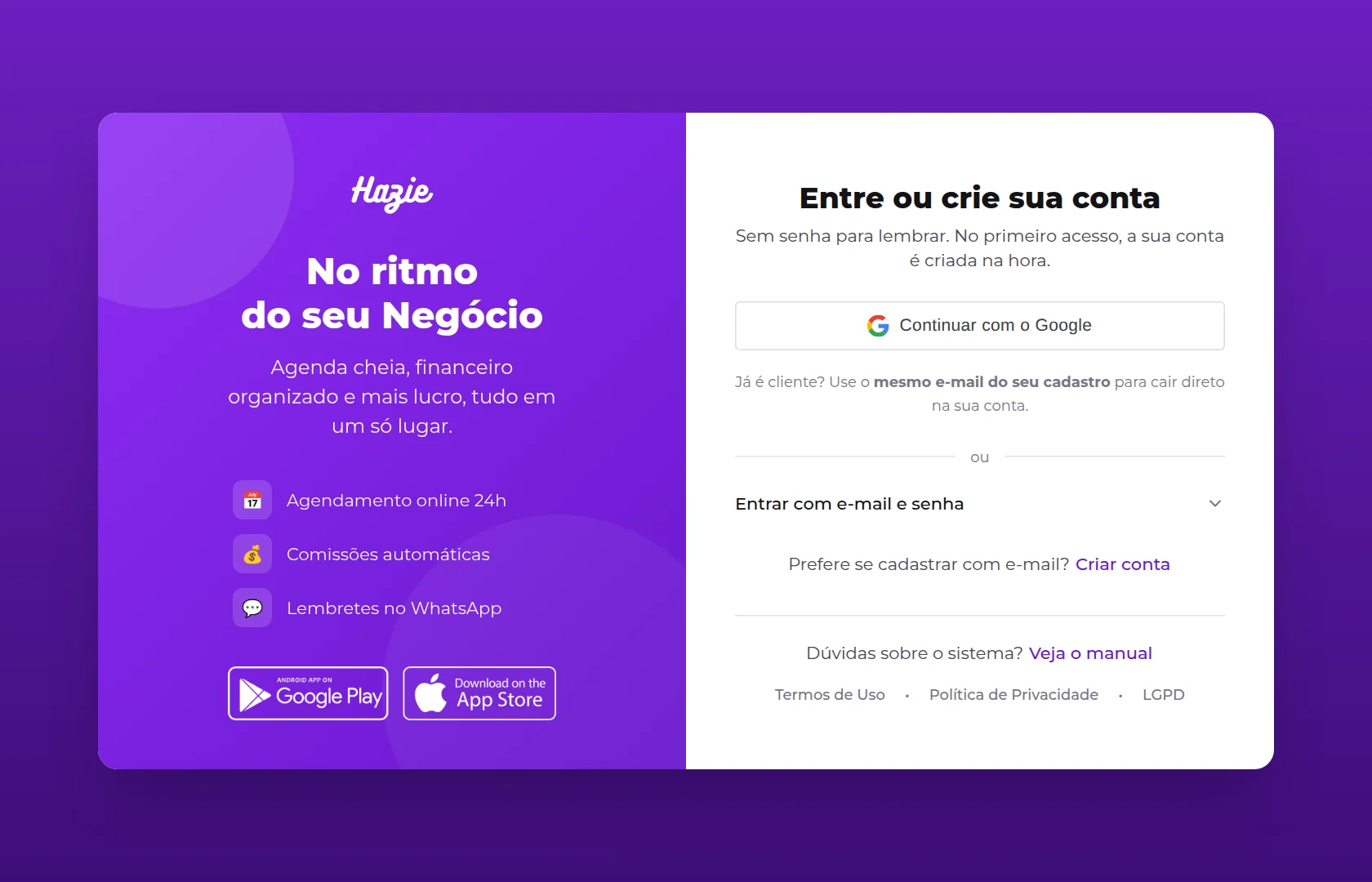 Tela de entrada do Hazie, com o botão Continuar com o Google e a opção de entrar com e-mail e senha