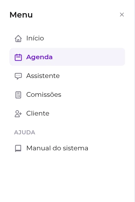 Menu lateral do atendente, com Início, Agenda, Assistente, Comissões e Cliente
