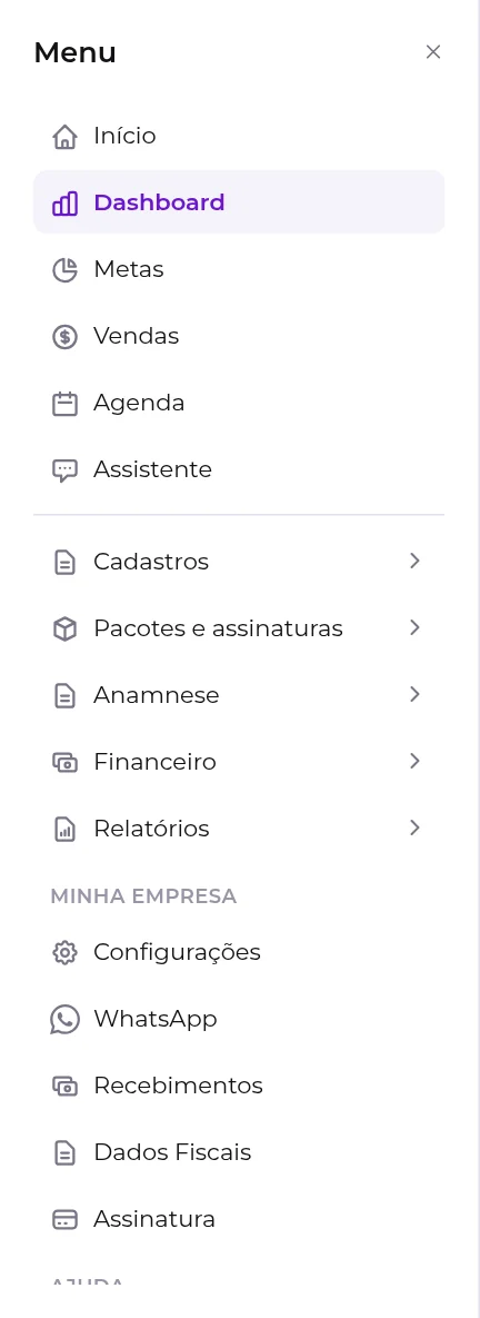 Menu lateral completo, como aparece para o proprietário