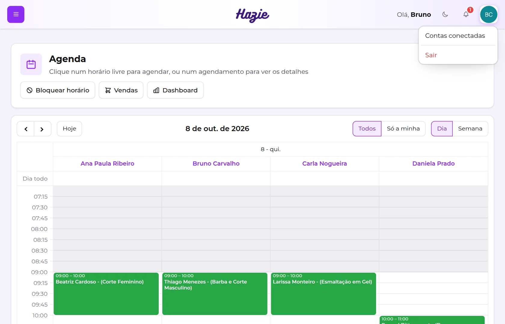 Menu do usuário de um atendente, com Contas conectadas e Sair