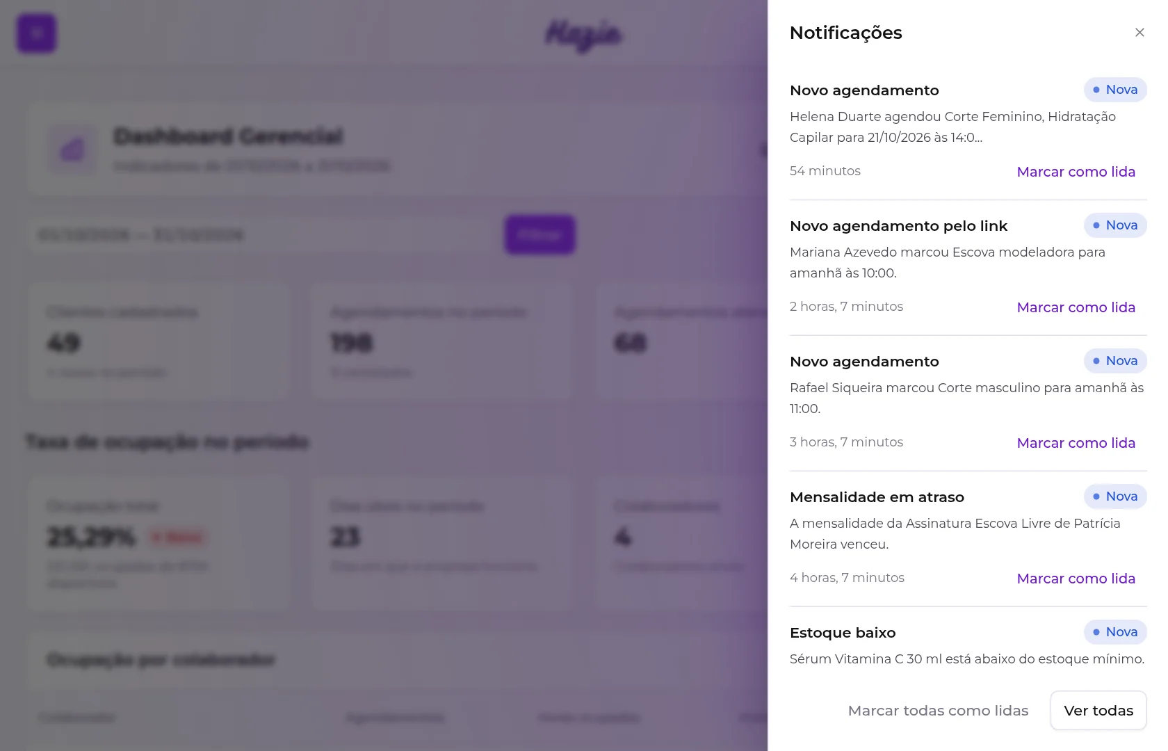 Gaveta de notificações aberta, com as mais recentes e os botões Marcar todas como lidas e Ver todas