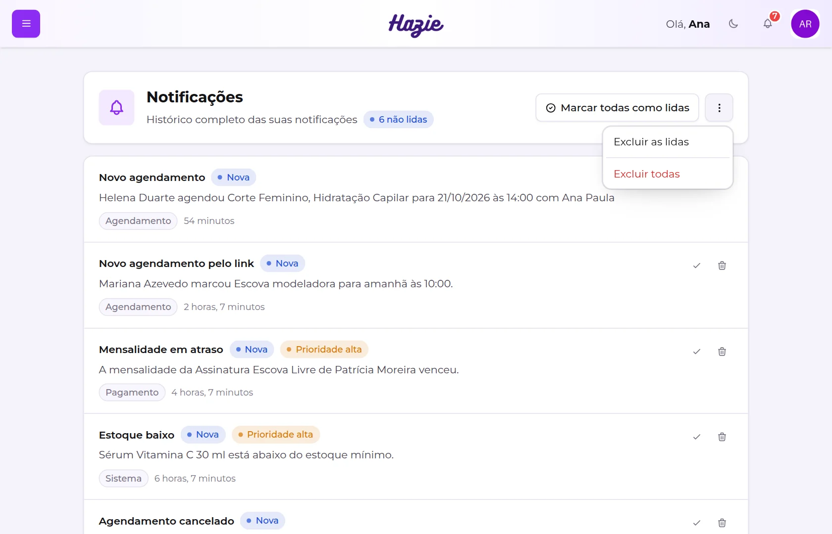 Menu de três pontos da página de notificações, com Excluir as lidas e Excluir todas