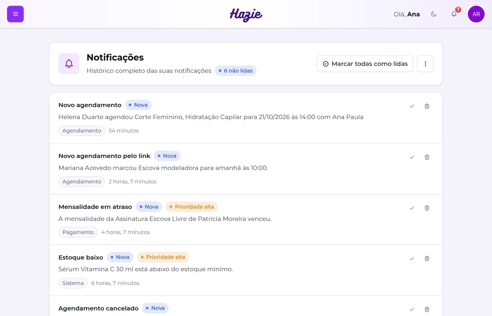 Página Notificações, com o histórico e os botões de marcar como lida e excluir em cada linha
